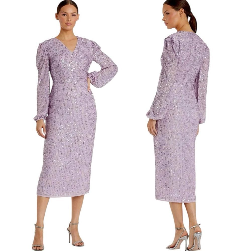 Mac Duggal Sequin Long Sleeve Cocktail Midi Dress in Lavender Purple Size 14
